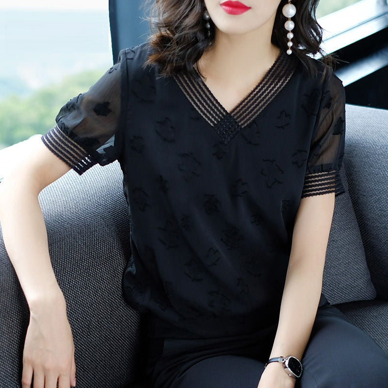 Women Spring Summer Style Chiffon Blouses Shirts Lady Casual Short Puff Sleeve V-Neck Loose Chiffon Blusas Tops ZZ0843