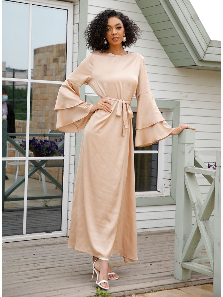 Soft Satin Long Dress Dubai Abaya Women Summer Long Flare Sleeve Belted Hijab Robe Muslim Islam Arab Turkey Clothes Ramadan