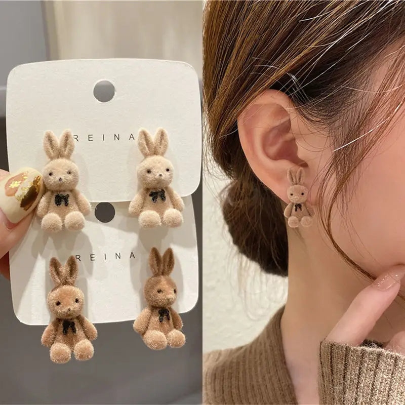 Bear Earrings for Women Girls 2023 Fashion Korea Silver Needle Autumn and Winter Earrings Cute Flocking Rabbit Ear Studs Jewelry