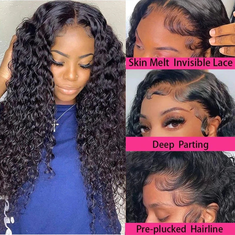 200 Density Deep Wave 13x4 13x6 Transparent Lace Frontal Wig Human Hair Water Curly 4x4 Lace Closure Wigs For Black Women Bling