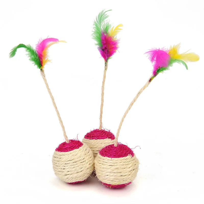 Pet Cat Paw Grinding Interactive Play Ball Cat Toy Sisal Shuttlecock Ball Colored Feather Blanket Ball Cat Supplies