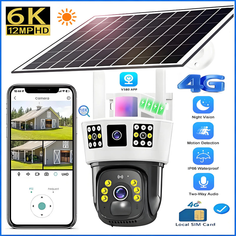 V380 6K Solar Camera 4G SIM Security Protection Waterproof IP CCTV 12MP Surveillance Camera Home Wireless Smart Exterior Camera