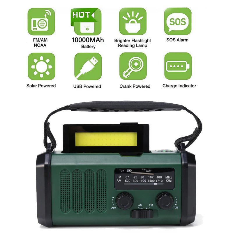 AM/FM/NOAA Weather Pocket Flashlight Radio SOS LED Emergency Radio Solar Hand Crank Powered Wind Up Phone Charger Bank