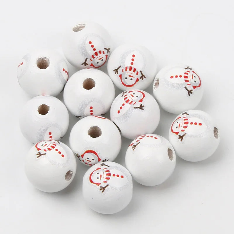 10pcs 16mm Round Christmas Wooden Beads Cartoon Wood Spacer Beads For Jewelry Making Diy Christmas Party Decor Handicrafts