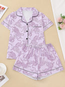 Casual pink leopard print pajama set for women lapel short-sleeved top and baggy shorts loungewear for women