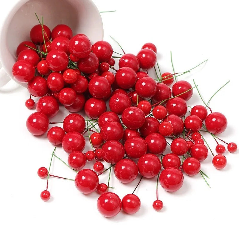 200/50pcs Christmas Artificial Berry Red Gold Cherry Stamen Mini Fake Berries Flowers Pearl Beads for DIY Christmas Party Decor