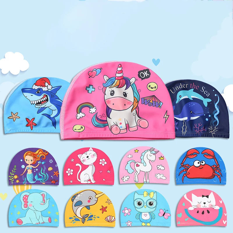 Children Cartoon Swimming Cap Kids Elastic Fabric Swiming Pool Water Sport Protect Ears Hat Swim Bathing Hats Caps Boys Girls