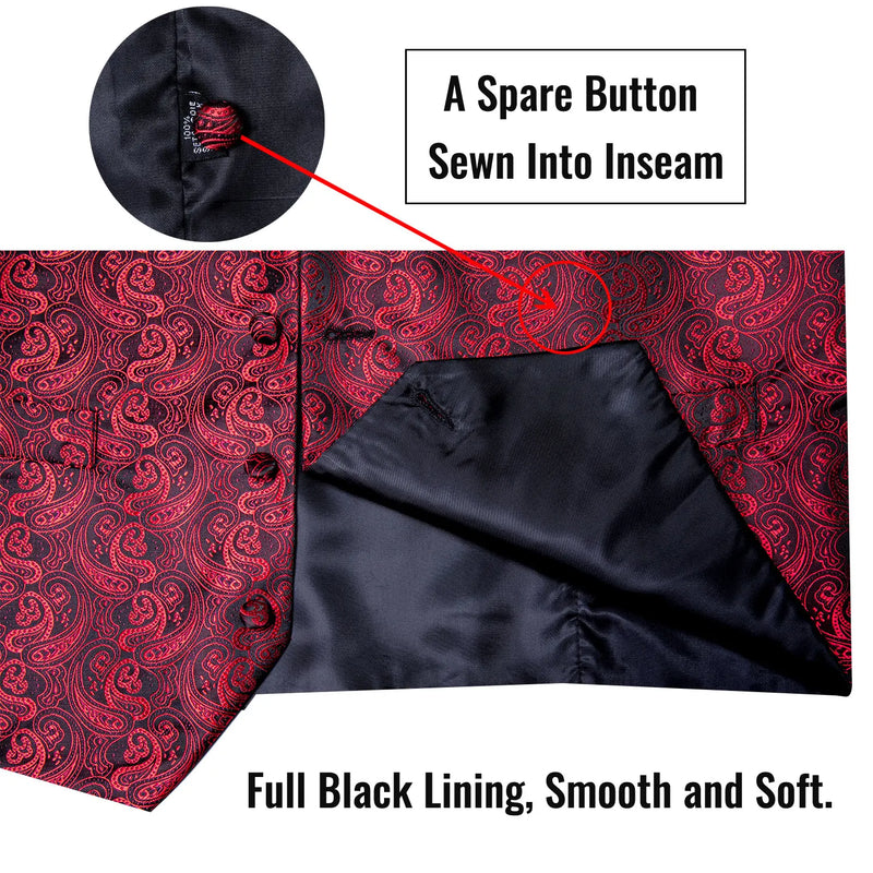 Dibangu Classic Red Black Paisley Men's Suit Vest Necktie Pocket Square Cufflinks Set Formal Business Waistcoat for Man Wedding