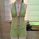 hirigin Summer Two Piece Crochet Set for Women Tie Up Halter Open Back Split Cami Tank Top Hollow Out Shorts Beachwear