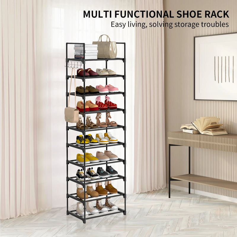 Shoe Rack 10 Tier Shoe Storage Organizer Metal With Hooks Fit 20-25 Pairs Shoes Easy Assembly, Space-Saving.