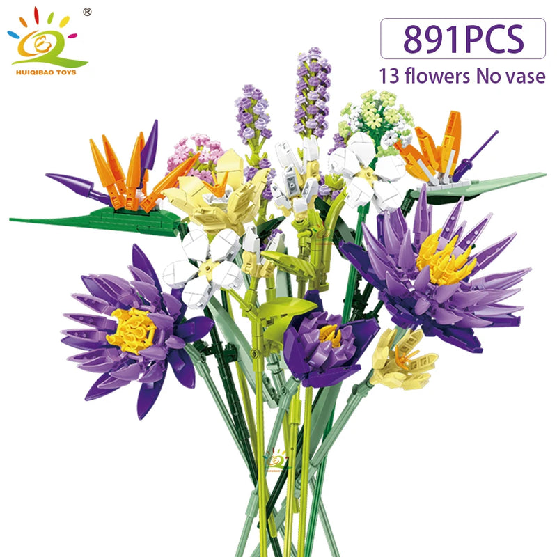 HUIQIBAO MOC Flower Model Building Blocks 3D Bouquet Plants Sunflower Rose Bricks Kits Children DIY Educational Toys Home Decor