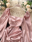 New Spring Autumn Women's Satin Dress Retro Black Pink White Square Neck Long Sleeve Mini Dresses for Women GD580