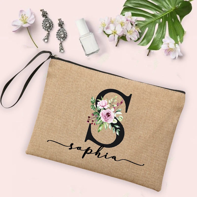 Flower Initial Letter Custom Name Cosmetic Bag Women Neceser Makeup Bag Linen Zipper Pouch Travel Toiletry Organizer Mujer Bolsa