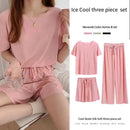 Ice Silk Pyjamas Three-Piece Set of Women's Homewear Trousers Simple Leisure and Comfortable Loose Short-Sleeved Shorts Suit
