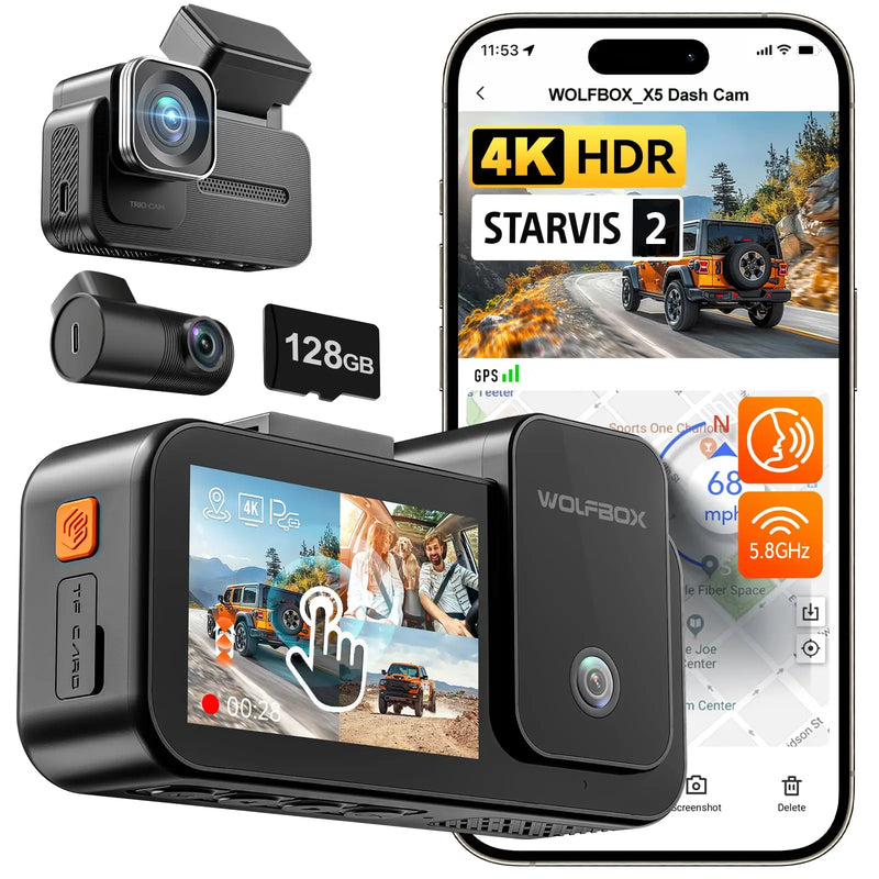 WOLFBOX X5 3 Channel 4K Dash Cam STARVIS 2 IMX678 4K+2.5K Front and Rear Inside Triple Car Camera 5.8GHz WiFi Mirror Car DVR