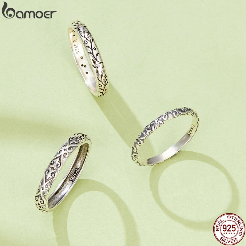 Bamoer Vintage 925 Sterling Silver Embossed Vintage Pattern Ring for Women Simple Silver Ring Fine Jewelry Luxury Brand Gift