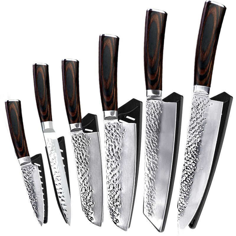 Kitchen Knife Japanese Chef Knives Set 7CR17 High Carbon Stainless Steel Full Tang Hammer Pattern Meat Cleaver Utility Santoku K