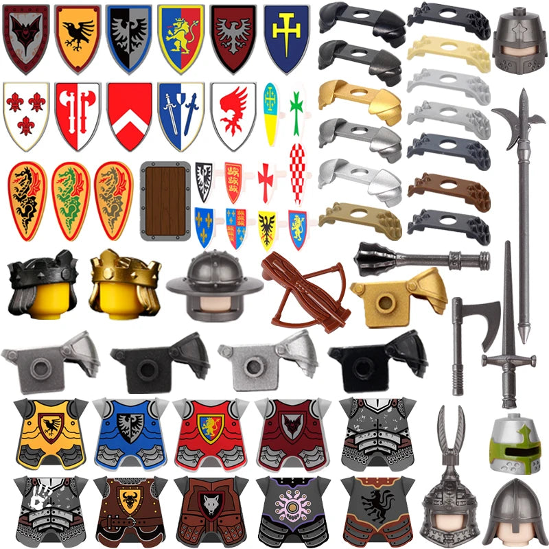 MOC Medieval Accessories Series Building Blocks Military Army Soldier Armour Shield Helmet Sword Crown Weapon Knight Bricks Toys