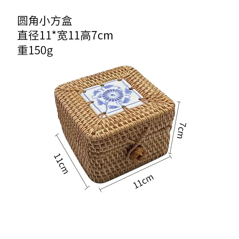 New Round Rattan Boxes with Lid Hand-Woven Multi-Purpose Wicker Tray Desktop Decoration Jewelry Storage Box Make Up Organizer