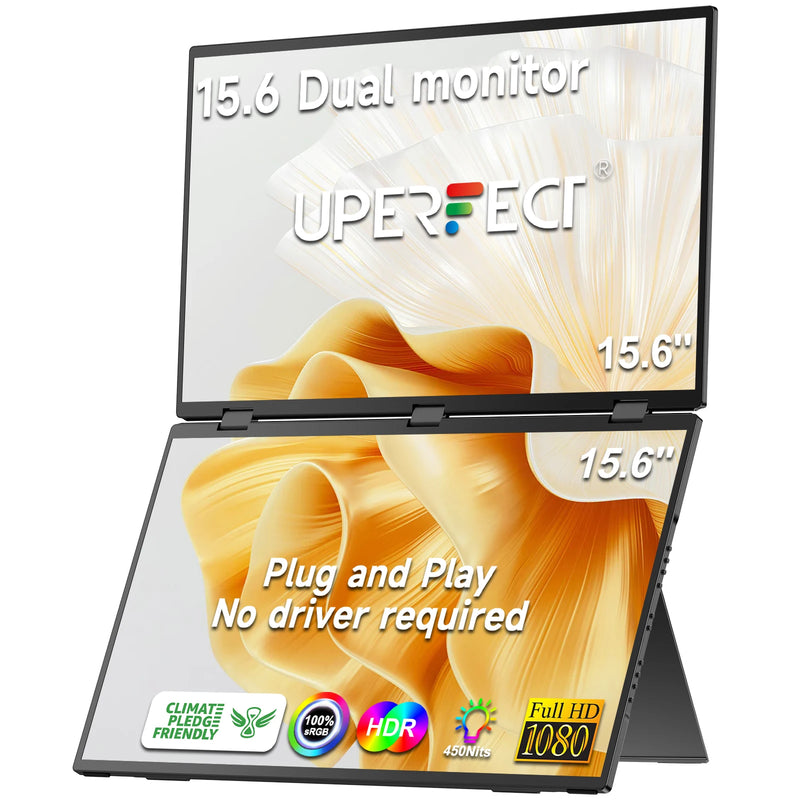 UPERFECT Delta 15.6" Dual Portable Monitor For Laptop Screen Extender 1080P HDR 360° Folding Stacked with Stand For Laptop PC