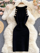 New Button Details Sleeveless Knitted Bodycon Dress Women Summer Elegant Stretchy Dress Vintage Solid Dress