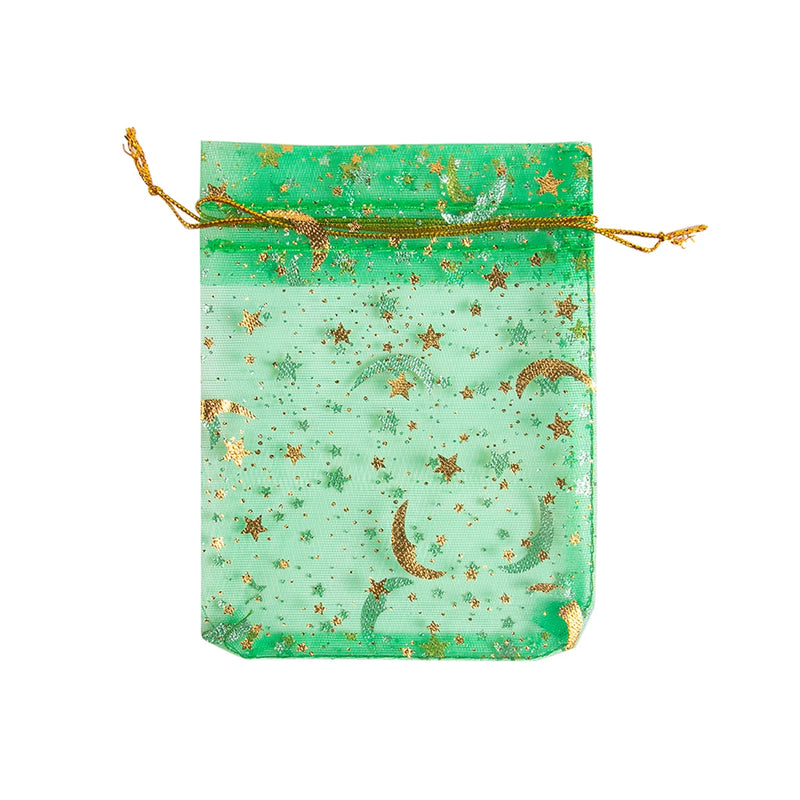 50Pcs Eid Mubarak Decoration Mesh Bag Organza Hot Stamping Silver Star Moon Candy Gift Drawstring Packaging Bag Party Supplies