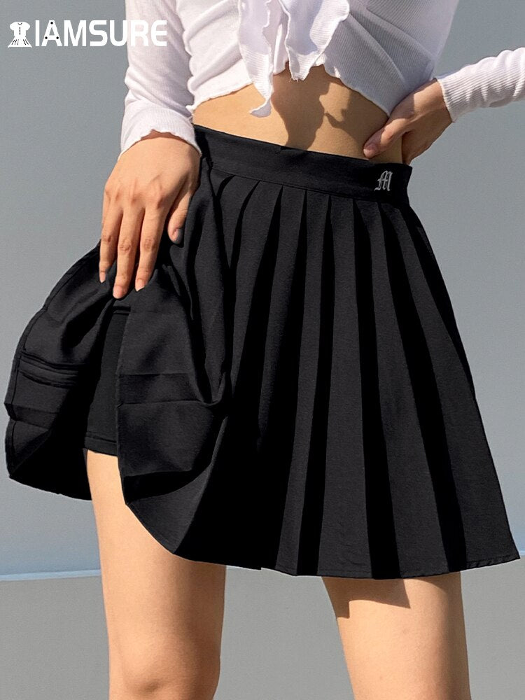 IAMSURE Preppy Style Casual Letter Embroidered 90s Pleated Skirt Korean Streetwear Fashion High Waist Mini Skirt For Women