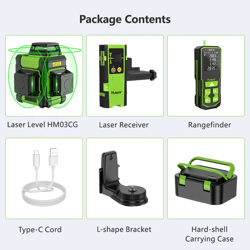 Huepar HM03CG Laser Level Green Beam 12 Lines Self-leveling Cross Line Tools With Rangefinder & Detector & Hard Carry Case