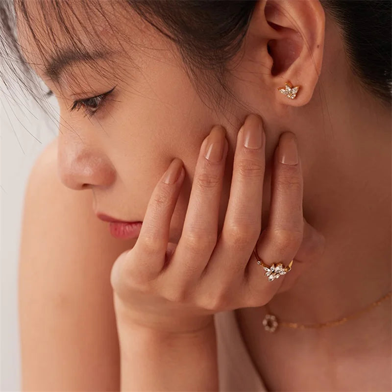 Youthway Stainless Steel Delicate White Cubic Zirconia Stud Earrings  Golden Geometric Women Trendy Charm Jewelry Gala Gift