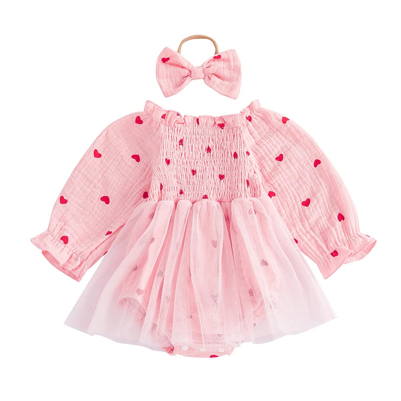 Newborn Clothes Baby Girl Autumn Romper Dress Long Sleeve Crew Neck Red Heart Print Jumpsuit with Bow Headband