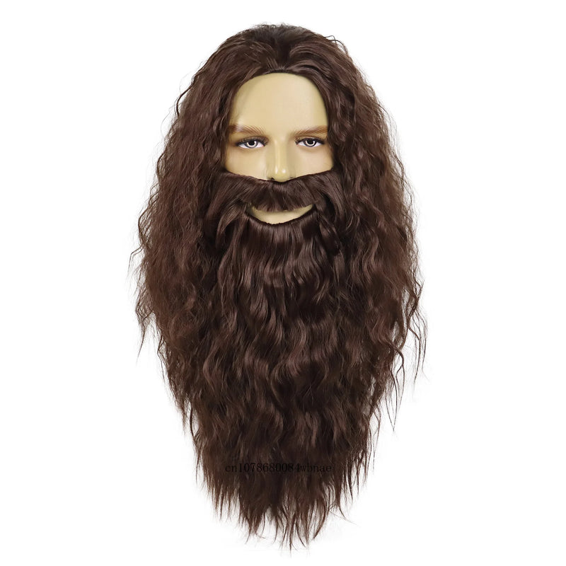Dumbledore Wigs Synthetic Hair Long Curly Wavy Wizard Grey Wig and Beard for Men Cosplay Accessory Party Halloween Dress Costume