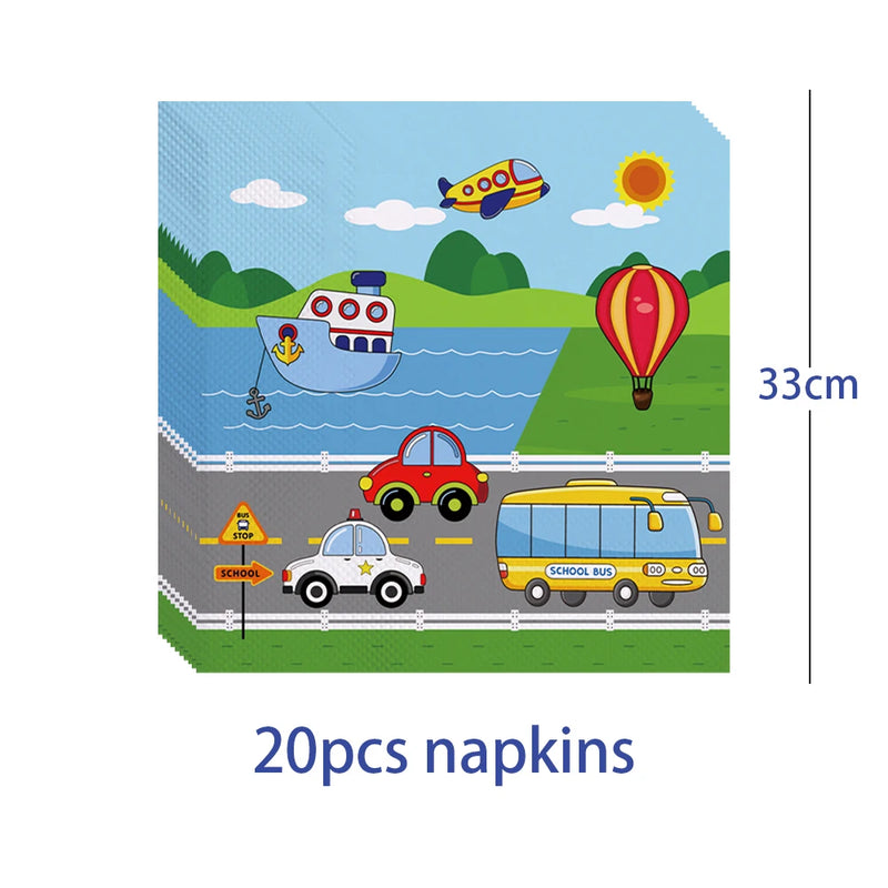 Cartoon Transport Birthday Decorations For Boys Children Disposable Tableware Paper Material Cups Napkins Plates Tablecloth