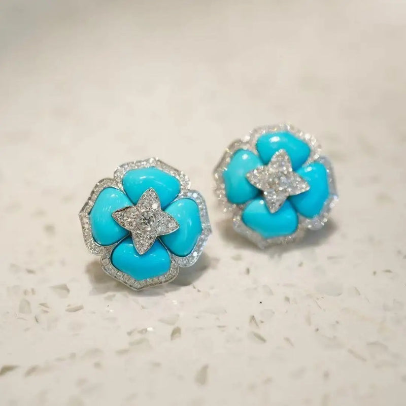 925 Sterling Silver Set Synthetic America Blue Turquoise Flower Ear Stud Simple Earring Tourquise Earring Fine Jewelry Wholesale