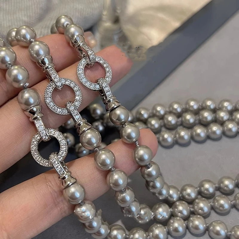 ANENJERY 6/8/10MM Gray Imitation Pearl Beads Chain Necklace for Women 2024 Trend Elegant Lady Necklace Jewelry Gifts