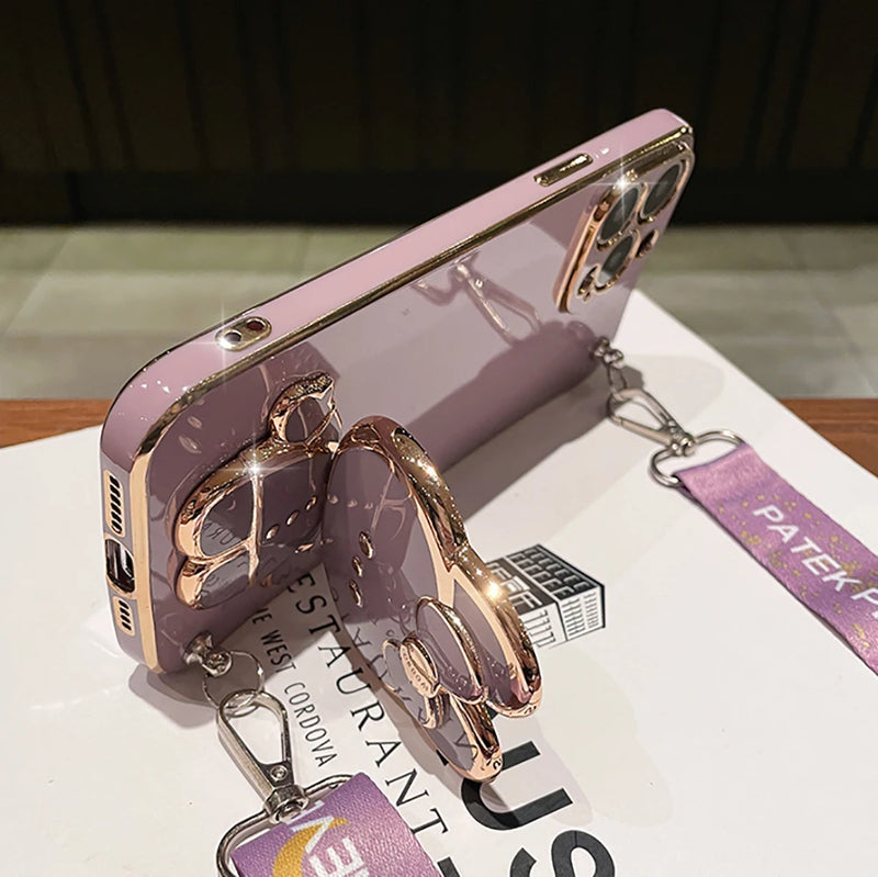 For Samsung Galaxy Buddy2 M23 F23 Buddy 2 Phone Case Soft Silicone Plating Cartoon Rabbit Fold Stand Makeup Mirror Bracket Cover