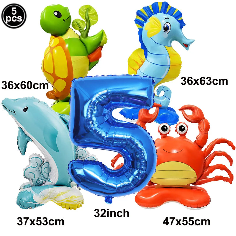 5pcs Cute Sea Animal Balloons Include Crab Seahorse Dolphin Turtle Shape Balloon Under The Sea Party Decors for 1st Birthday