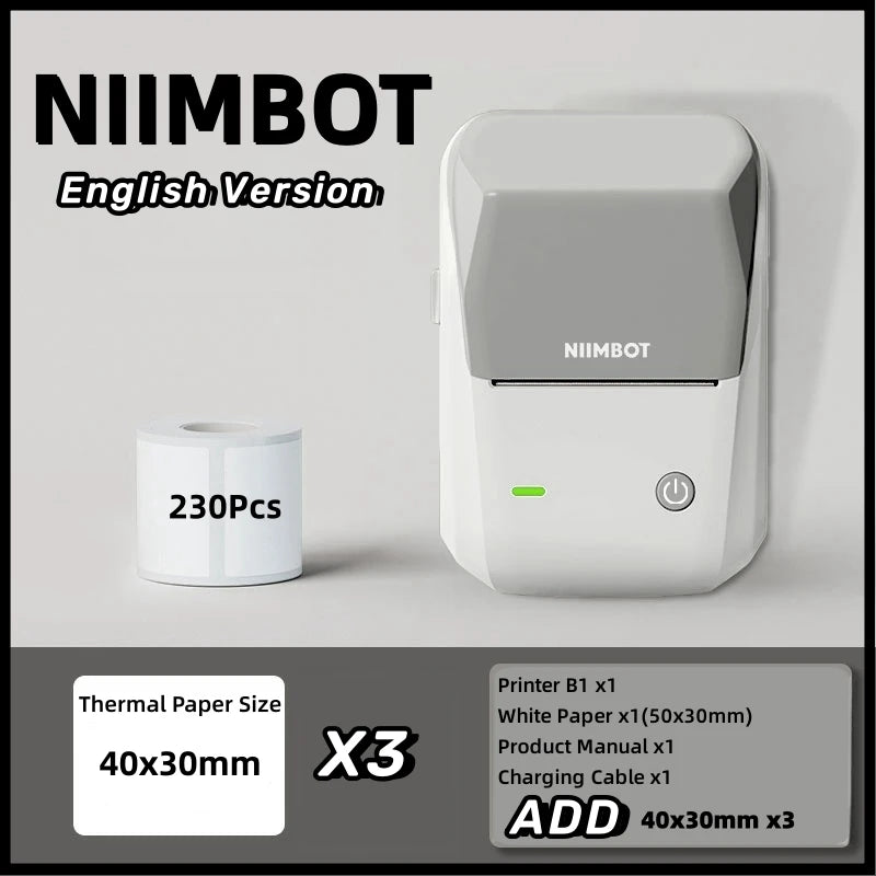 Niimbot B1 English Label Printer Portable Handheld Thermal Printer Mini Barcode QR Code Sticker Paper Color Rolls Maker Cable