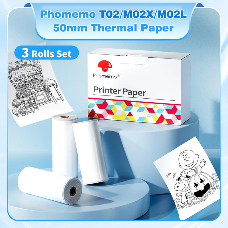 3 Rolls Phomemo White Sticker Paper Thermal Label for T02 M02L Portabal Mini Printer Keep for 10 Years Sticky Paper 50mm/53mm