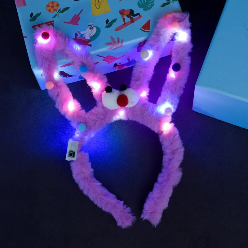 LED 14 Lamp Long Rabbit Ear Headband  Flashing Colorful String Lamp Luminous Hairband Birthday Party Christmas Easter Headband