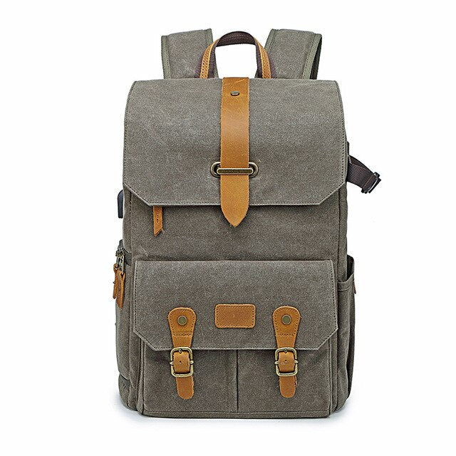 Photography Retro Waterproof Batik Canvas backpack w USB Port fit 15.6inch Laptop Men Camera Bag Carry Case for Canon Nikon DSLR