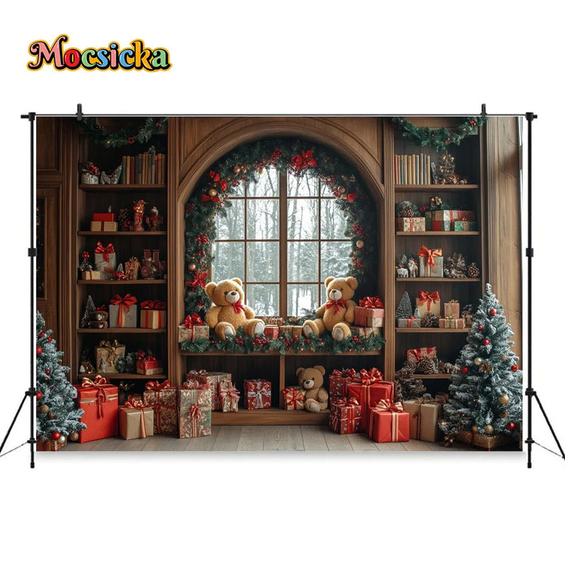 Christmas Toy Bear Gift Room Background Photography Kids Baby Show Wooden Bookshelf Window Backdrop Winter Xmas Tree Gift Booth