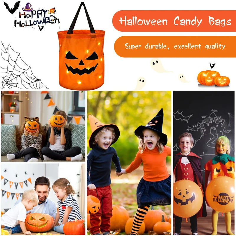 LED Light Halloween Trick or Treat Bucket Pumpkin Candy Bags Collapsible Halloween Basket for Thanksgiving Party Gift Basket