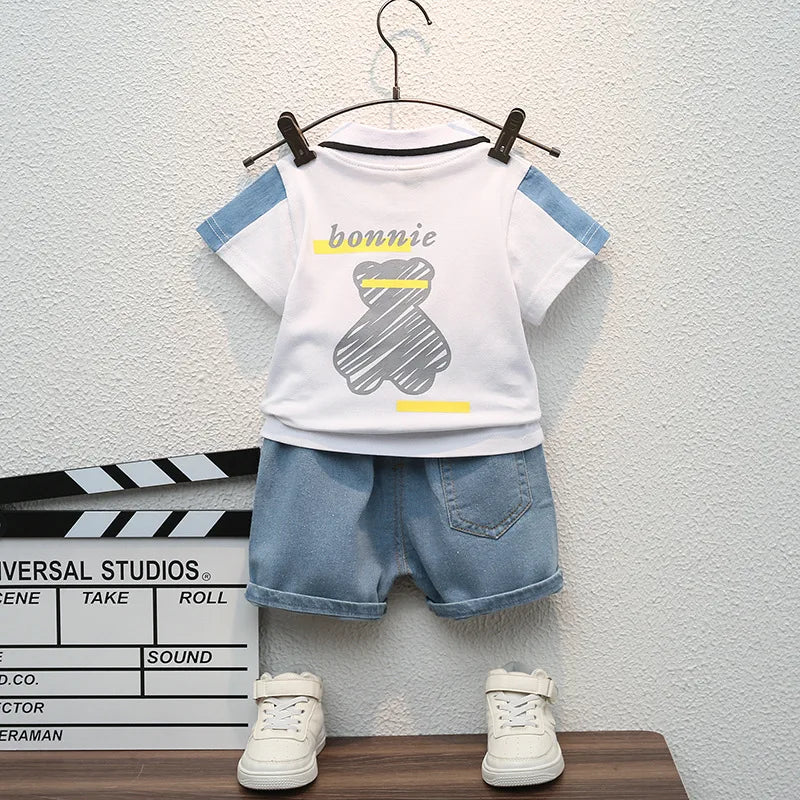 Children Summer Fashion Baby Boys Clothes Cartoon Bear T-shirt Denim Shorts 2pcs/sets Kids Outfits Costume Casual Sports Suit