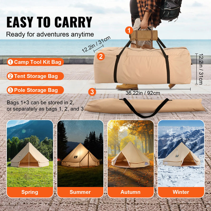 SucceBuy Canvas Bell Tent 4 Seasons 4 m/13.12 ft Yurt Tent Canvas Tent for Camping with Stove Jack Breathable Tent Holds 6People