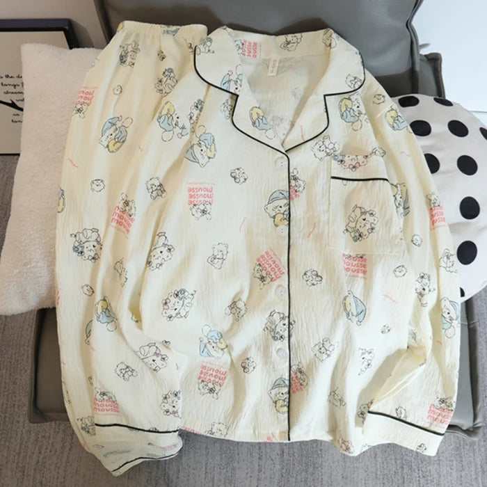 Flower Print Women Autumn Two Piece Pajama Set Long Sleeve V Neck Top & Elastic Waist Pants 2 Pieces Female Sleepwear Nightwear