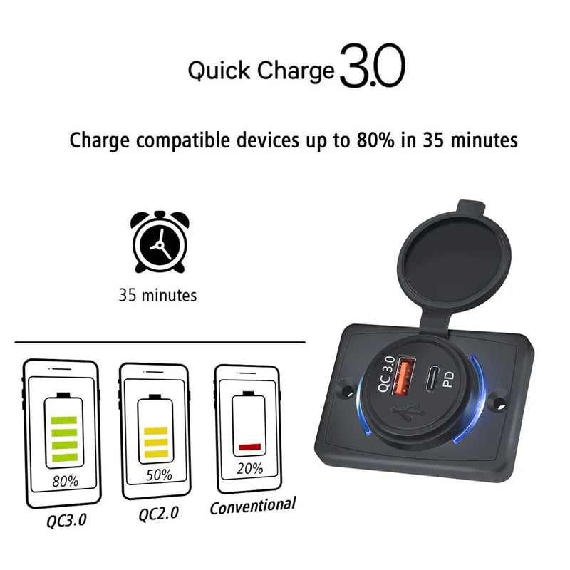 Quick Charge QC 3.0 USB PD Charger with Cap 18W Waterproof 12V/24V Fast Charge LED Light USB Charger for Car Boat Bus RV Home