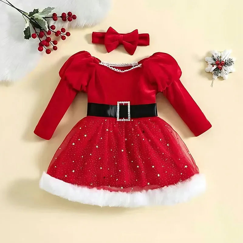 Christmas Children's Clothes 1-5Y Girls Long sleeve Dresses Stars Sequin Mesh Princess Dress with Bow Headband Festival Costume