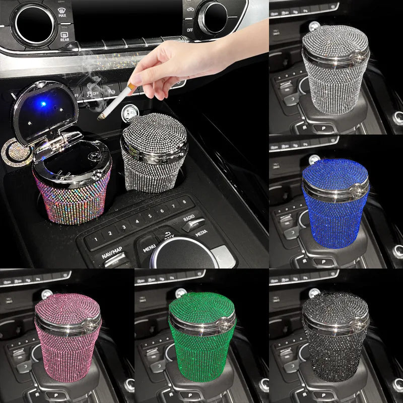 Car Ashtray Portable Bling Cigarette Smokeless Cylinder Cup Holder with Blue LED Light Indicator Car Accessories for Women