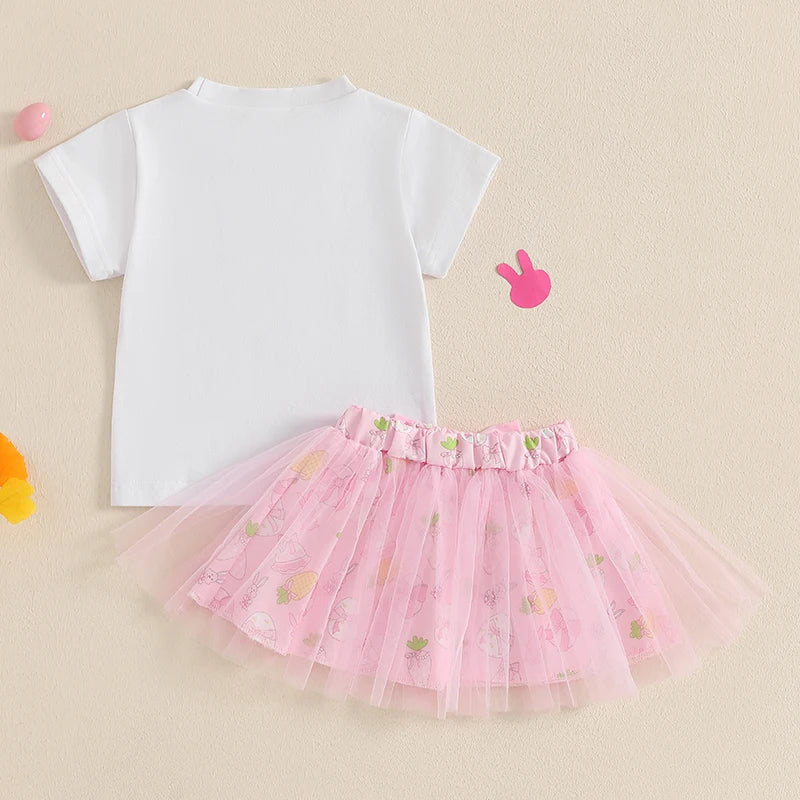 Adorable Toddler Girl Easter Outfit with Bunny Print Short Sleeve Crew Neck Tops and Double Layered Tulle Bow Skirt - 2 Piece