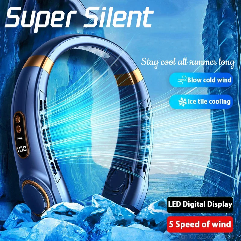 Portable Hanging Neck Fan Bladeless Mini USB Handheld Mute LED Digital Display Electric stable Fan Colorful Atmosphere Lights